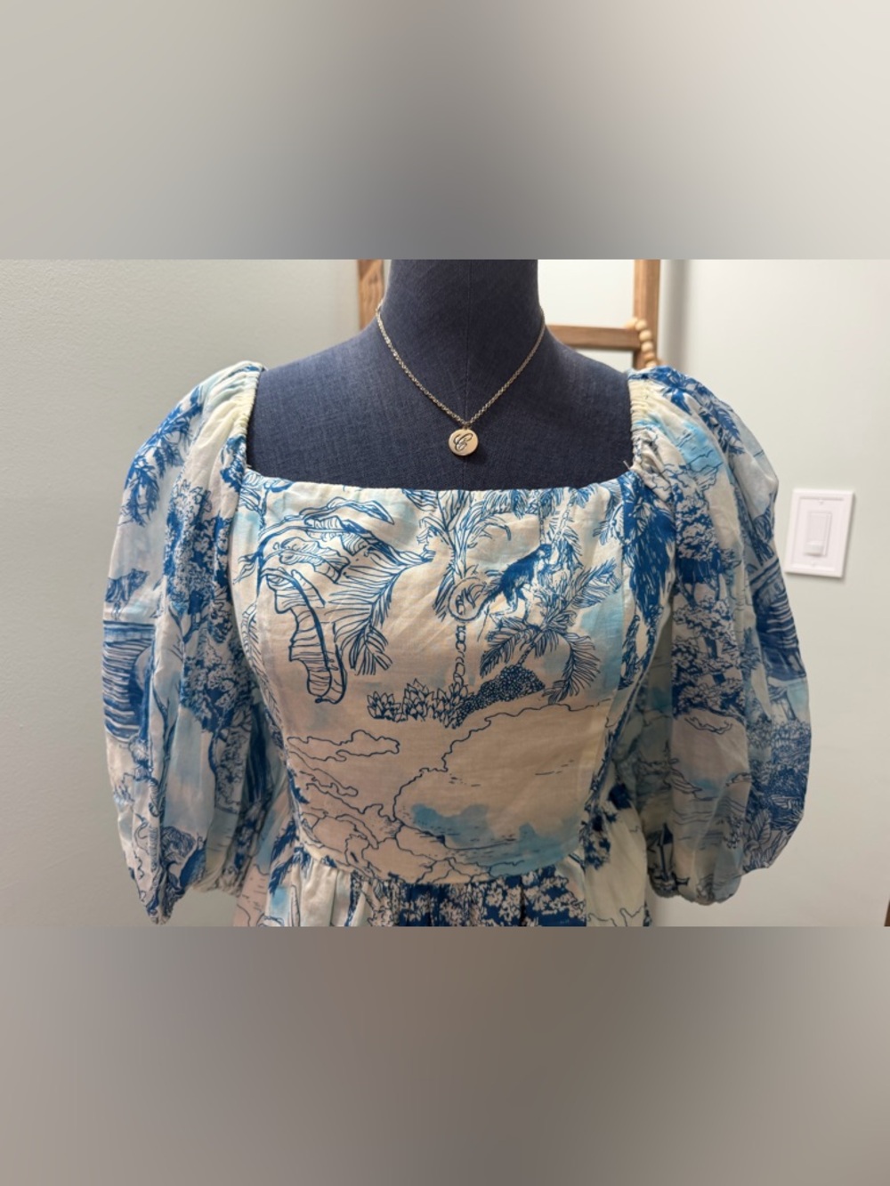 Mestiza Blue White Palm Toile New York Delphine Puff Sleeve Dress Size Large - Picture 8 of 11